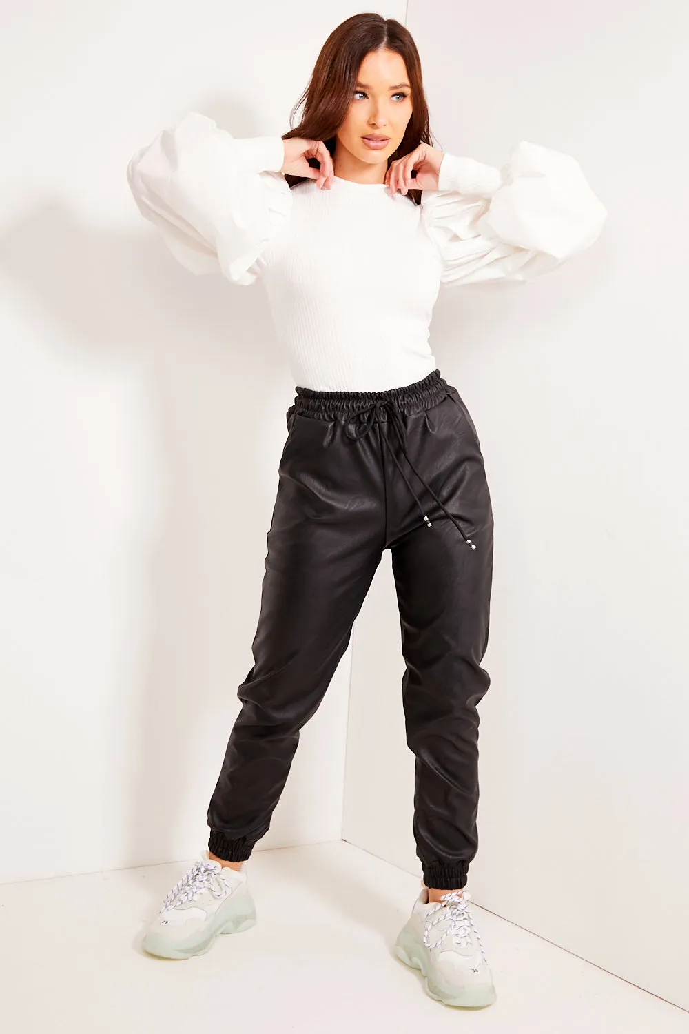 Black Faux Leather PU Joggers