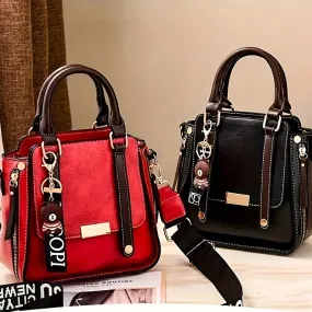Vintage Chic Colorblock Handbag – Trendy Square PU Leather Crossbody with Polyester Lining, Perfect for Fashion-Forward Women